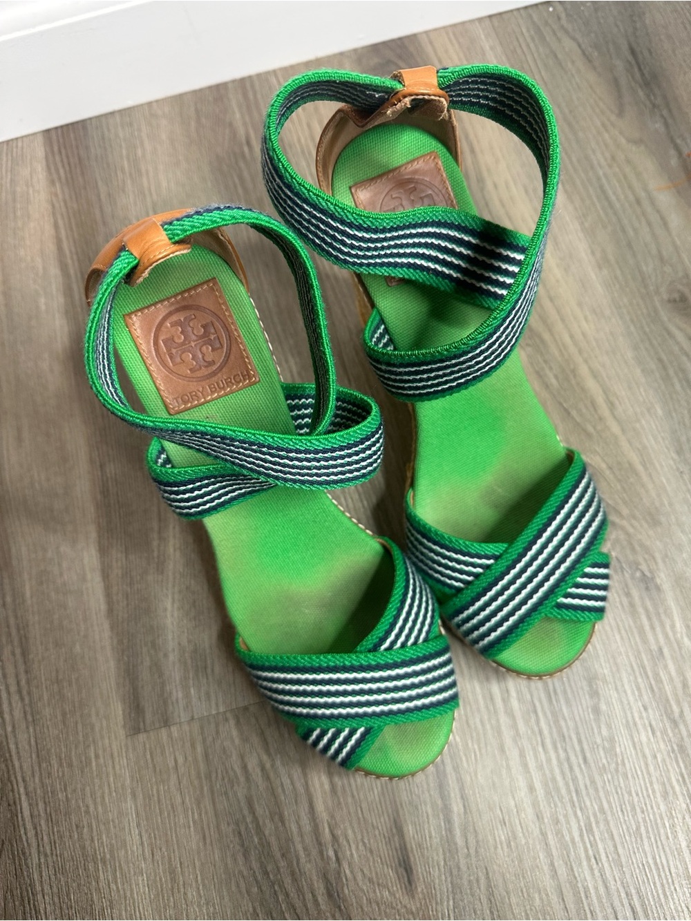 Tory Burch Green Sandal Wedges Frieda Striped Espadrille Size 8 Preppy Resort - Picture 2 of 8